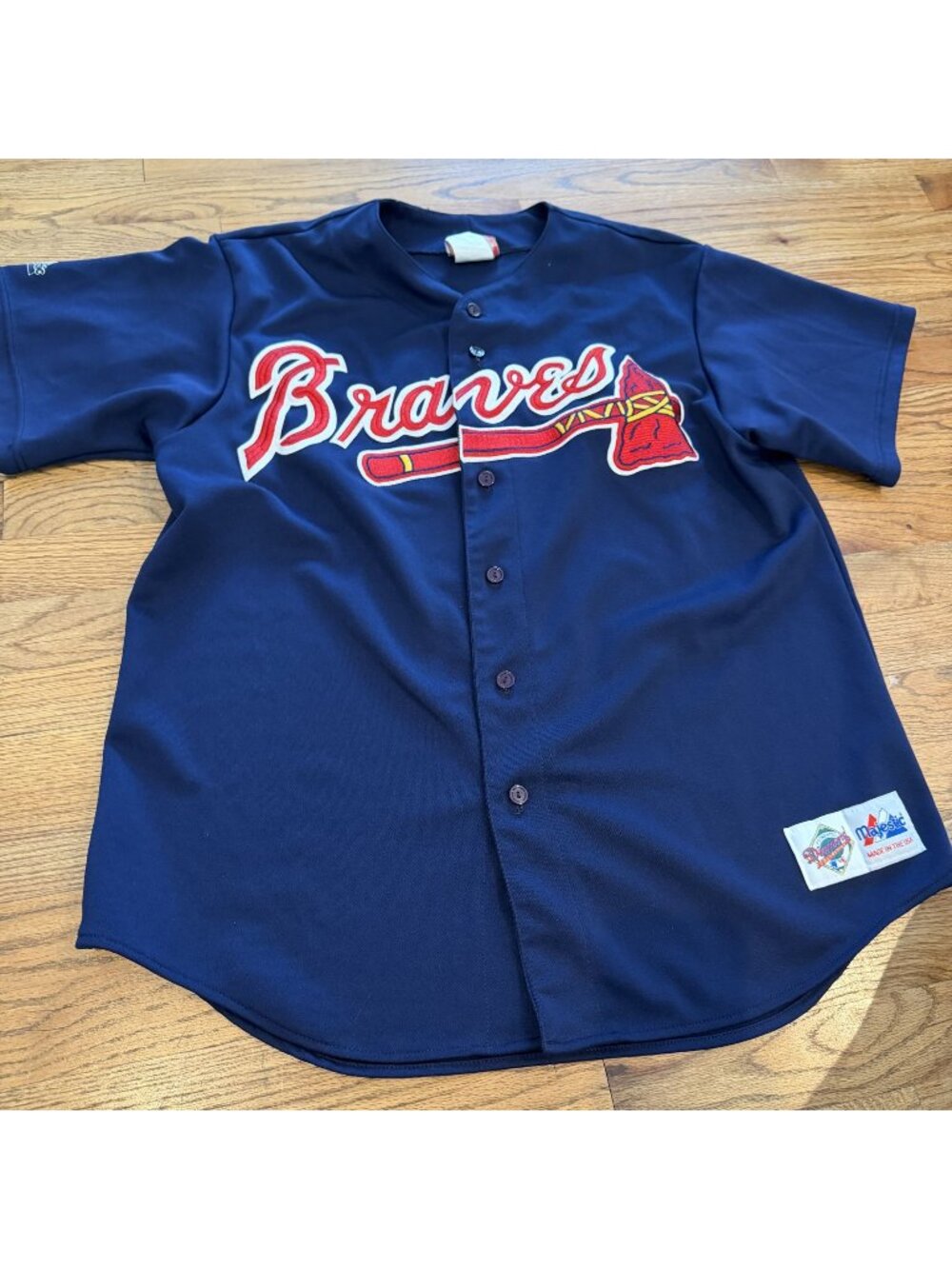MAJESTIC ATLANTA BRAVES NAVY BLUE JERSEY SHIRT XL MADE IN USA